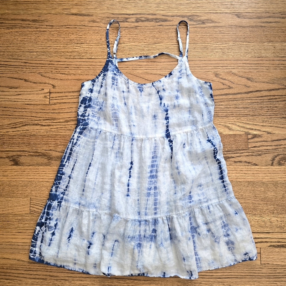 100 Linen Bella Dahl Strappy Tiered Dress "Navy White Tie Dye" Sundress Small